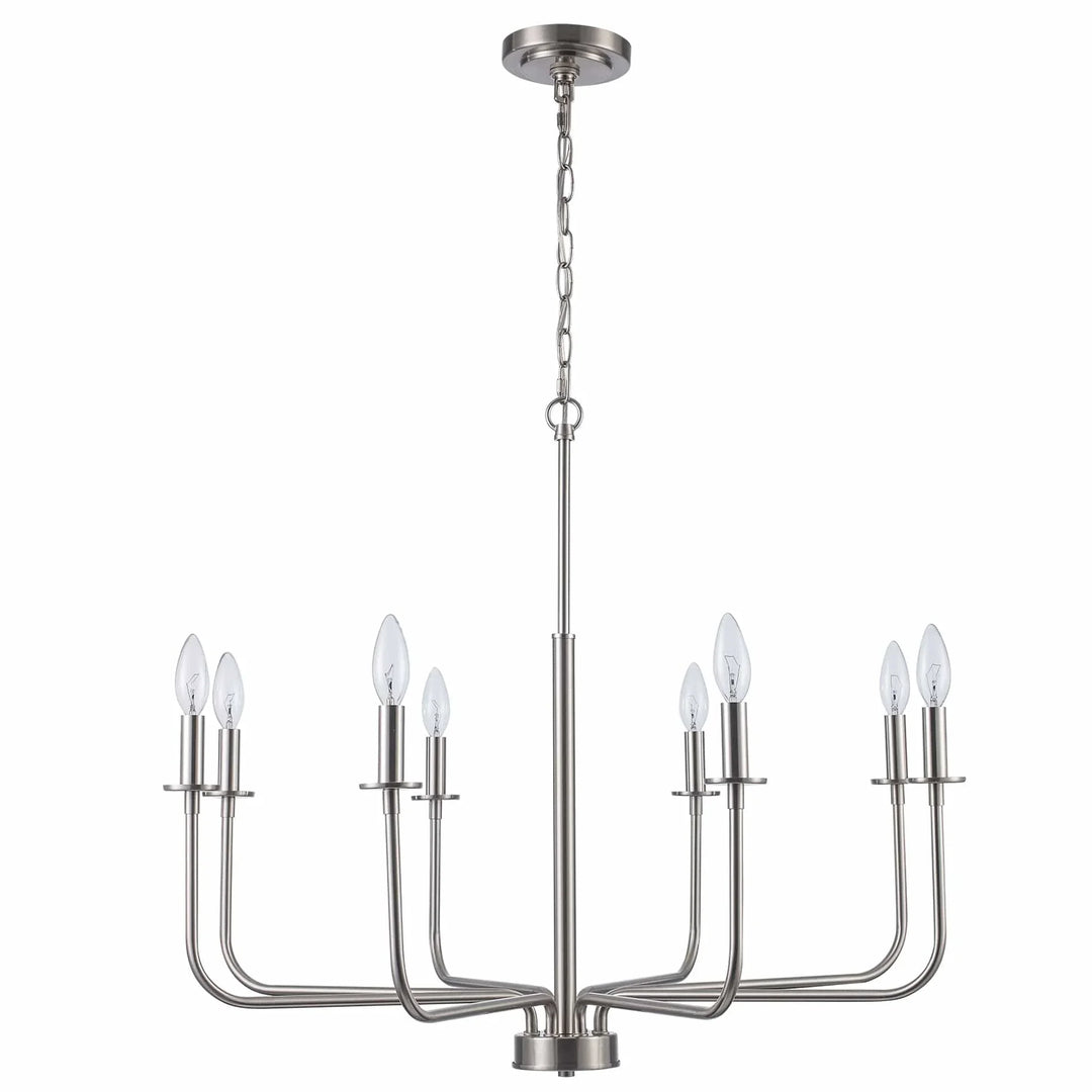 8-light chandelier with brushed nickel finish for modern dining room or entryway lighting