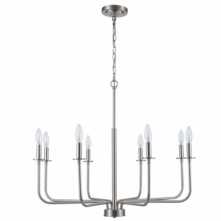 8-light chandelier with brushed nickel finish for modern dining room or entryway lighting