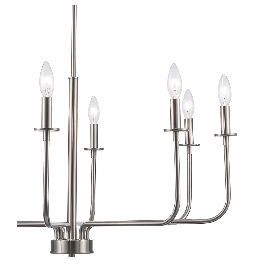 Modern brushed nickel candelabra chandelier with eight lights for dining room or entryway lighting