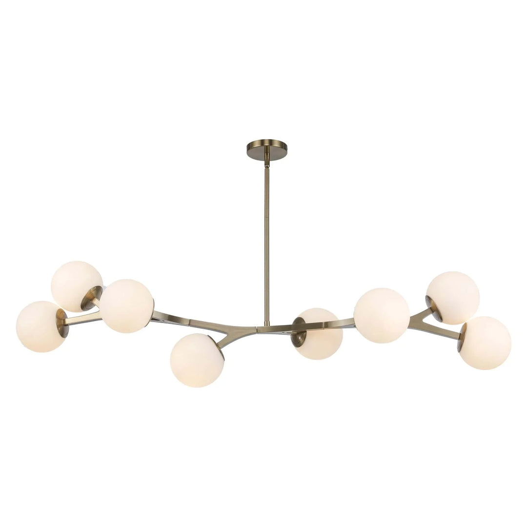 Modern pendant chandelier with eight frosted glass globe lights and angled gold arms for dining room