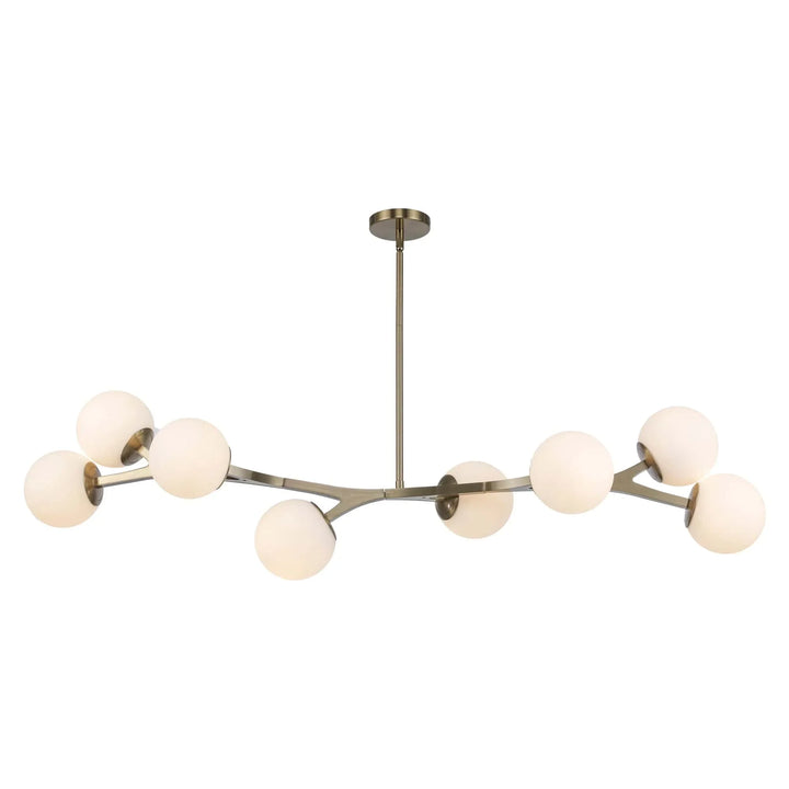 Modern pendant chandelier with eight frosted glass globe lights and angled gold arms for dining room