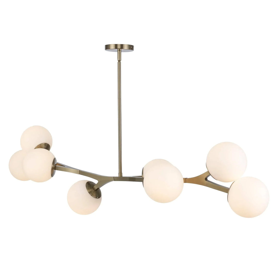 Modern LED pendant chandelier with globe glass shades and angled gold arms for dining room lighting