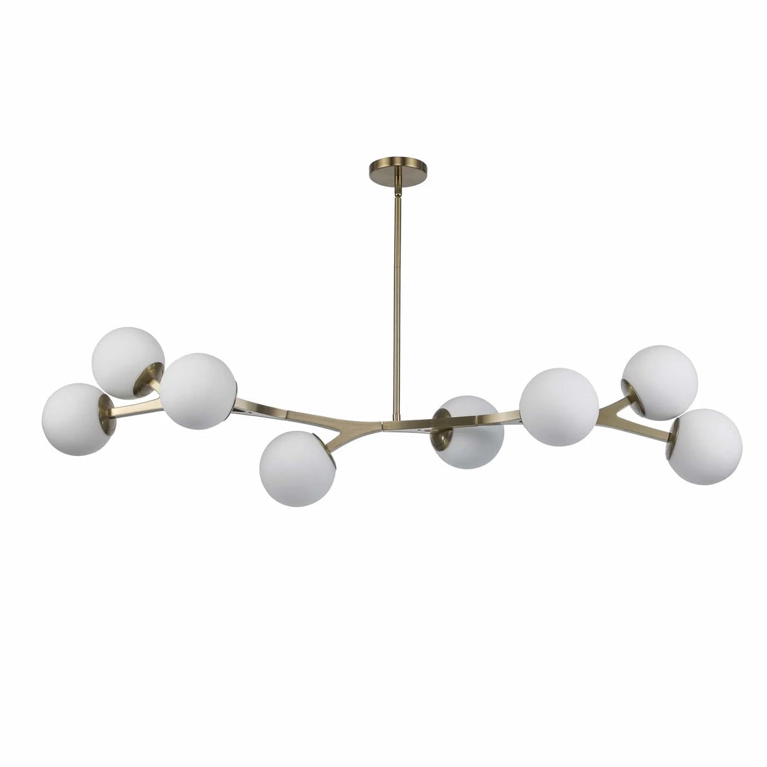 Modern pendant light with angled antique gold arms and eight white glass globe shades
