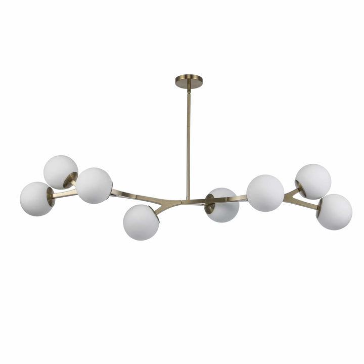 Modern pendant light with angled antique gold arms and eight white glass globe shades