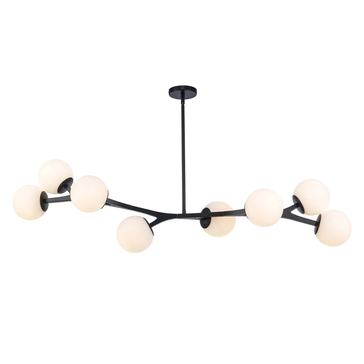 Modern pendant light fixture with eight globe bulbs and black angled arms for living room lighting