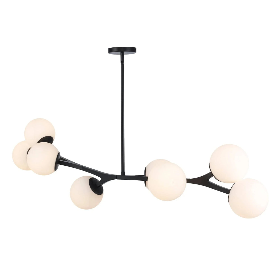 Modern pendant light fixture with black angled arms and eight round white glass globes for living room
