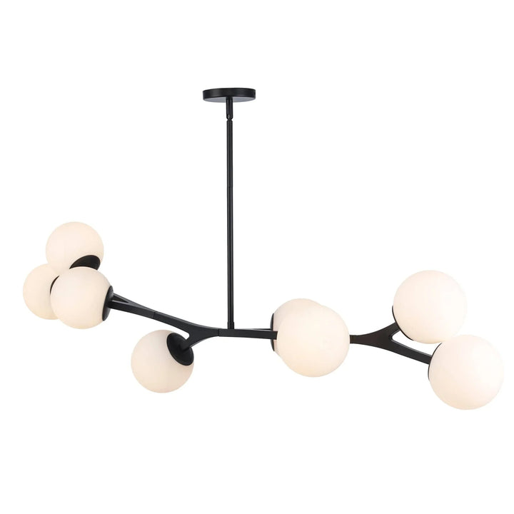 Modern pendant light fixture with black angled arms and eight round white glass globes for living room