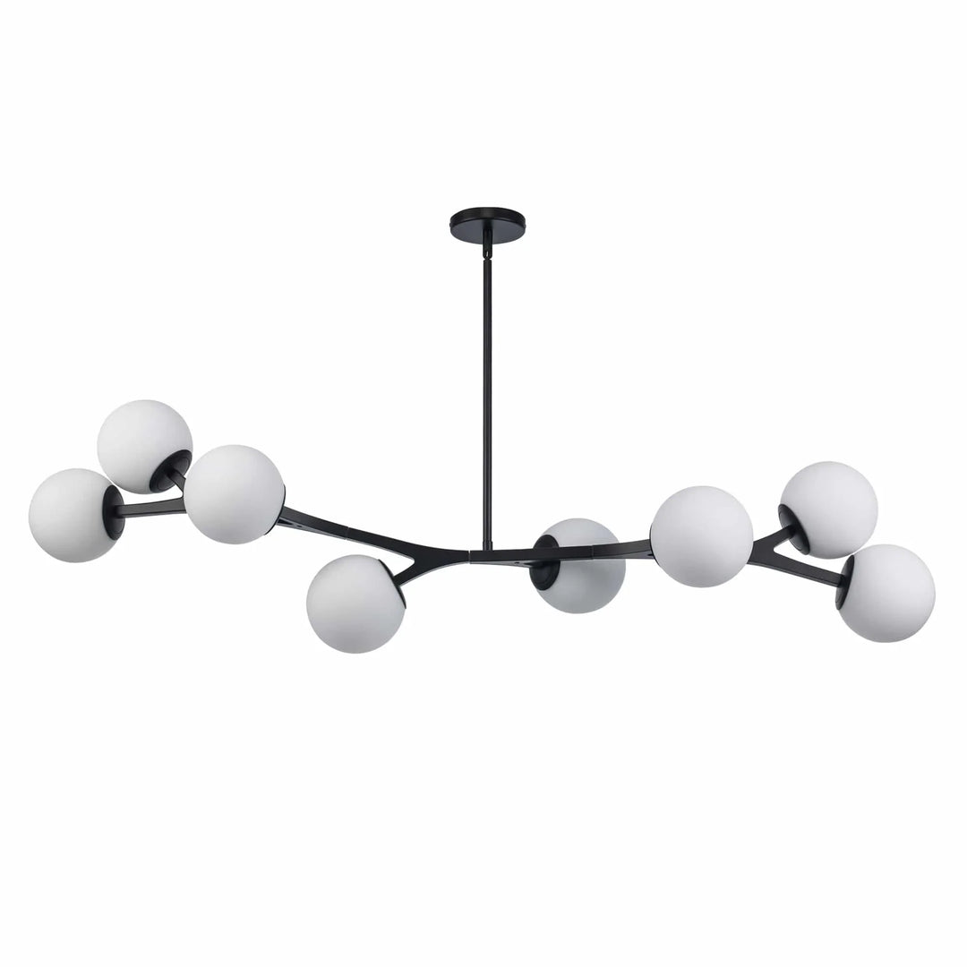 Modern pendant chandelier with eight globe lights and black angled arms for contemporary interiors