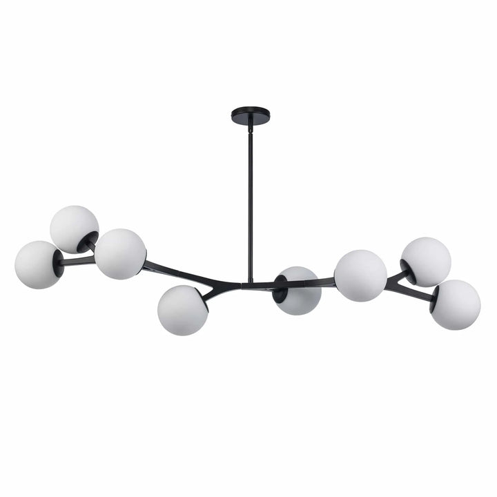 Modern pendant chandelier with eight globe lights and black angled arms for contemporary interiors