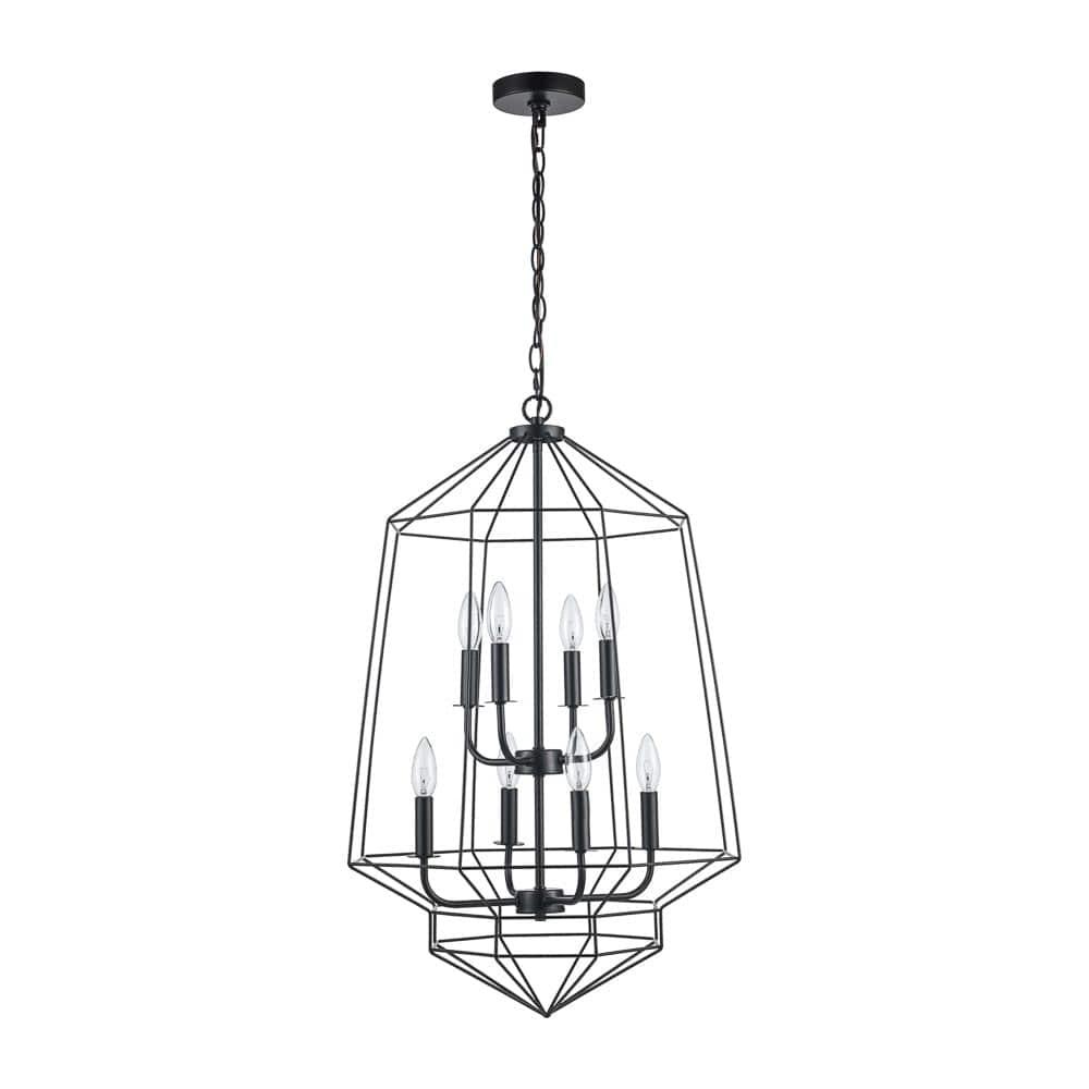 Black 8-light open frame chandelier with geometric art deco design for modern interior lighting