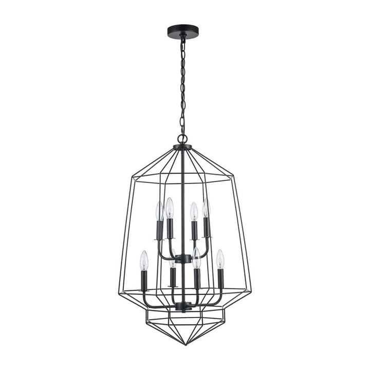 Black 8-light open frame chandelier with geometric art deco design for modern interior lighting