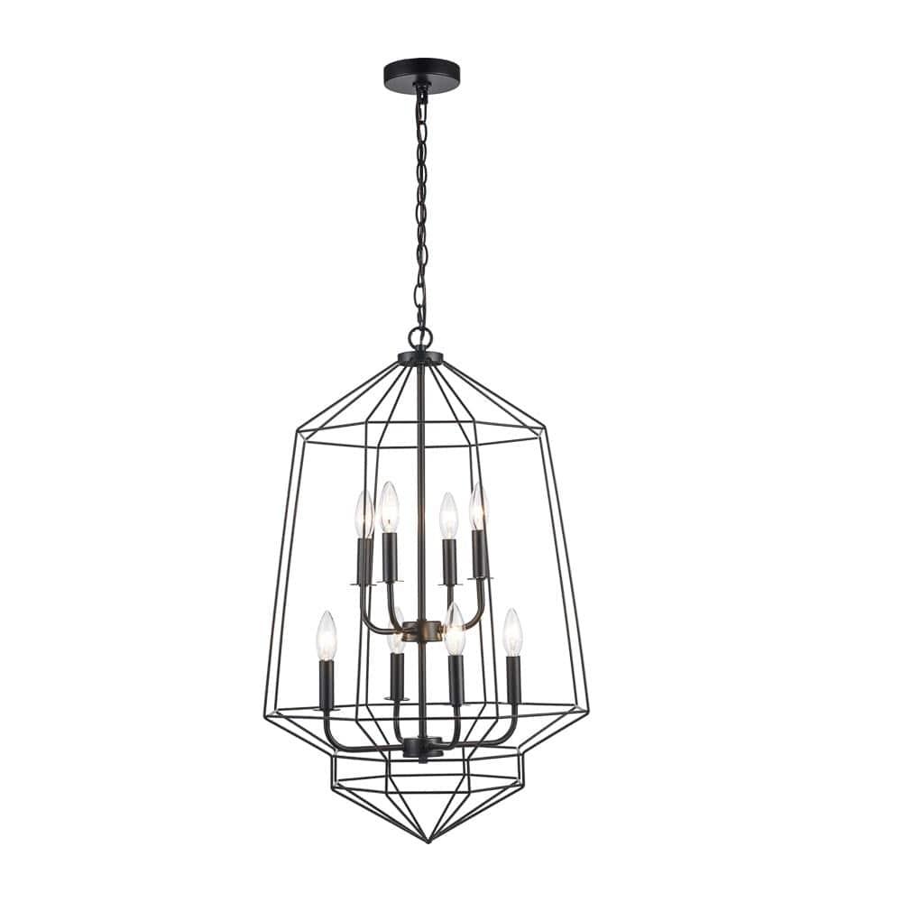 Art deco black 8-light chandelier with geometric open metal frame for modern dining rooms