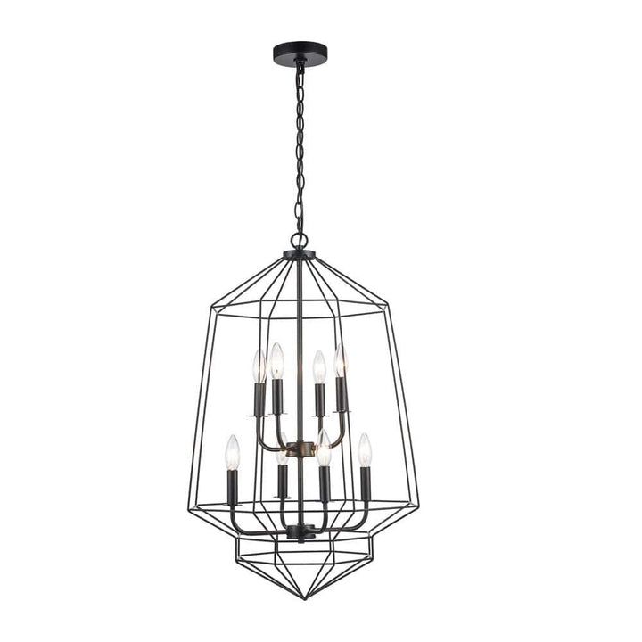 Art deco black 8-light chandelier with geometric open metal frame for modern dining rooms