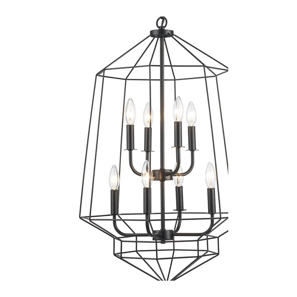 Modern black 8-light chandelier with open geometric frame for dining room or entryway lighting