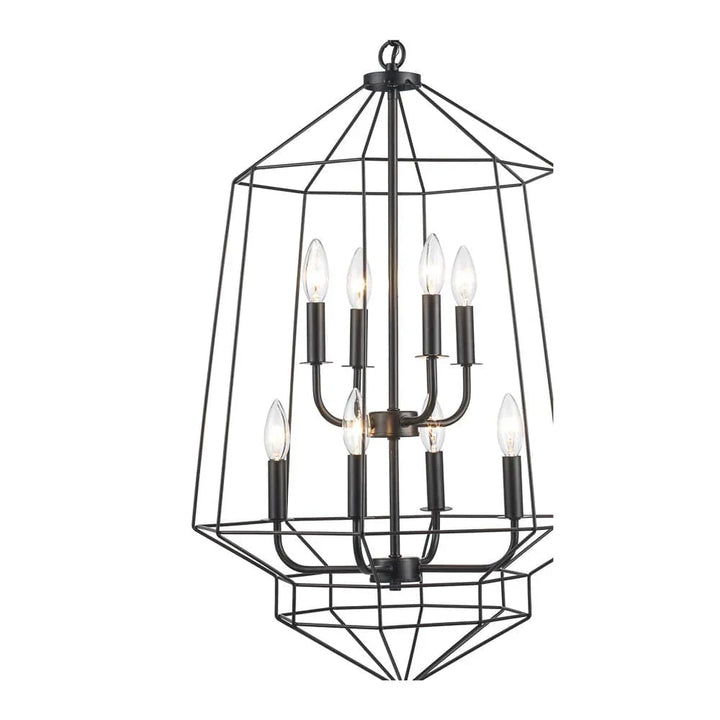 Modern black 8-light chandelier with open geometric frame for dining room or entryway lighting