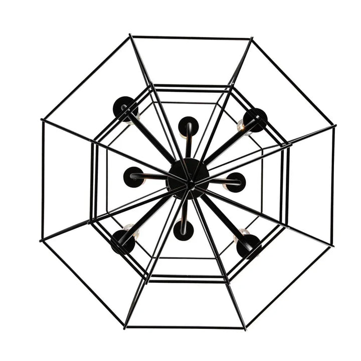8 light open frame black chandelier with geometric Art Deco design for modern living rooms