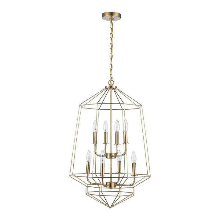 Modern gold 8-light chandelier with open geometric metal frame for dining room or entryway