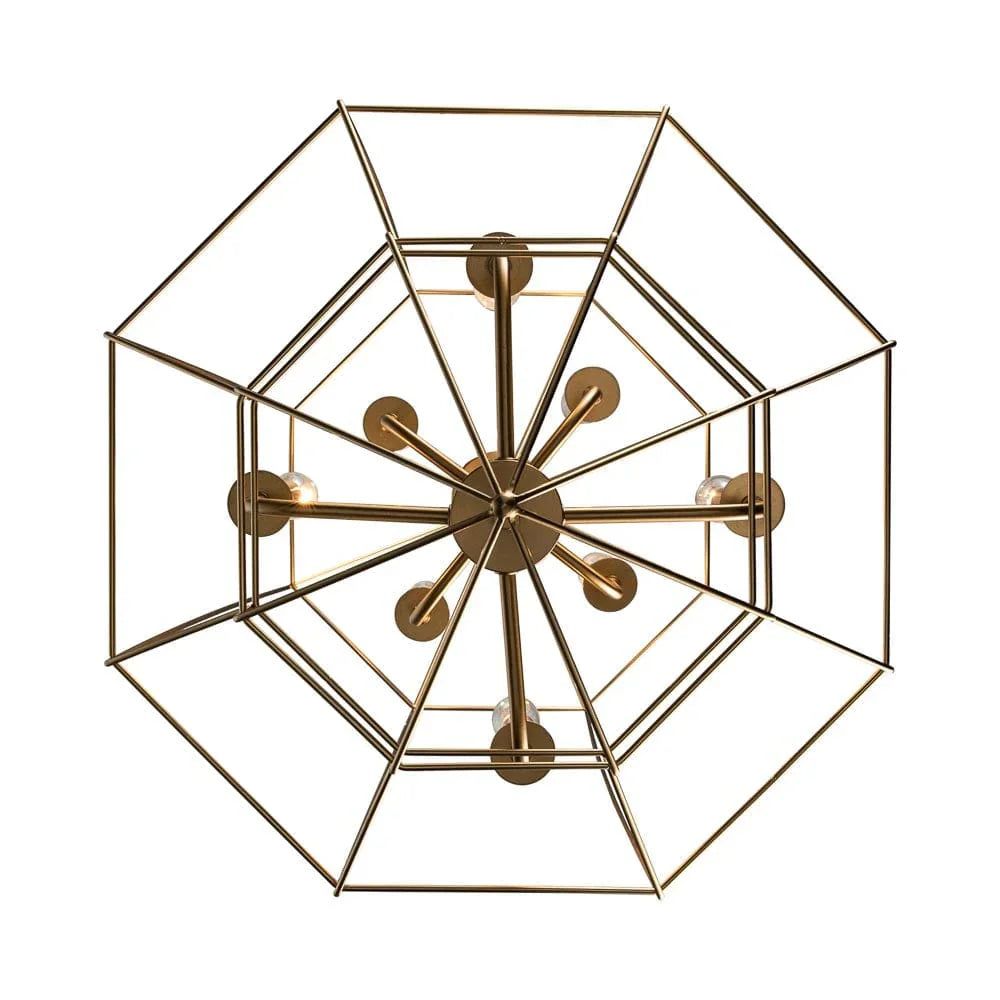 Modern gold geometric chandelier with eight exposed bulbs for dining room or entryway lighting