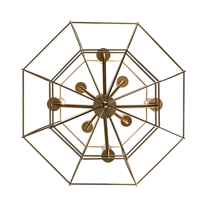 Modern gold geometric chandelier with eight exposed bulbs for dining room or entryway lighting