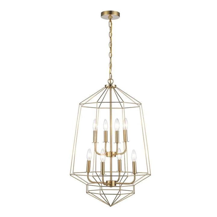 Gold 8-light chandelier pendant with geometric open frame for modern living room lighting