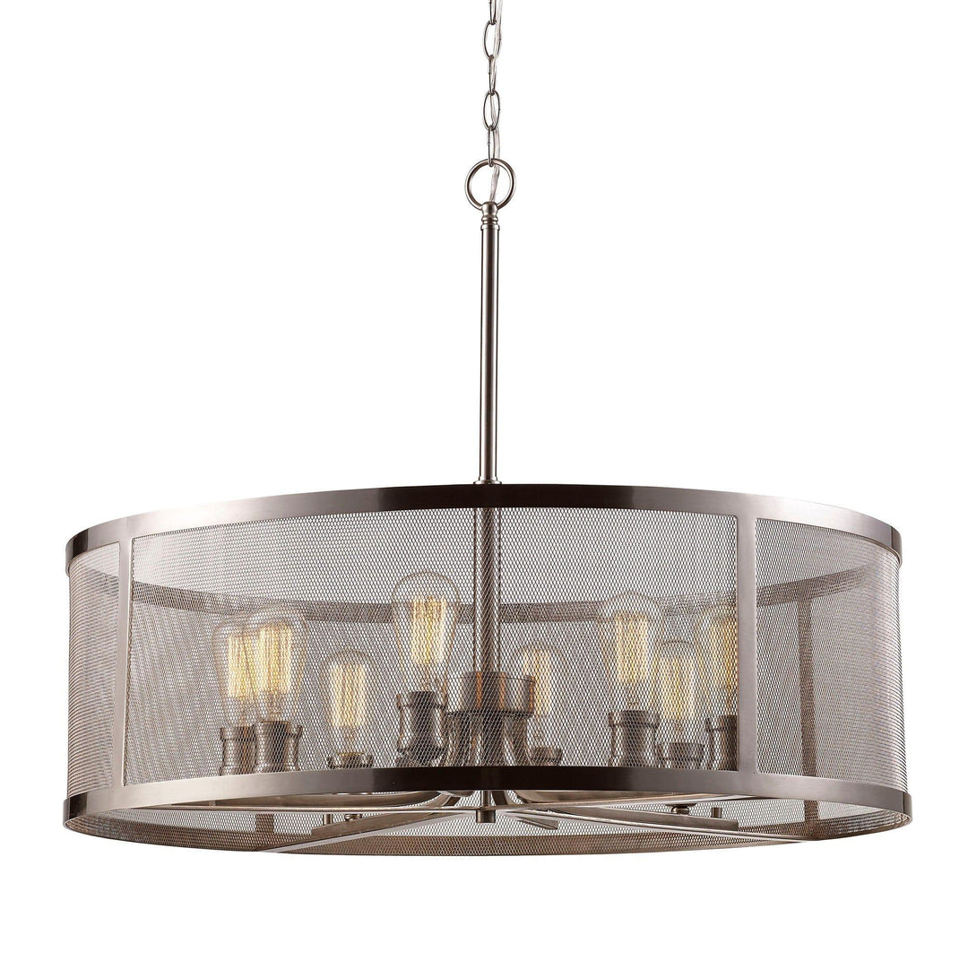8-light drum pendant chandelier with mesh shade and Edison bulbs for modern dining room lighting