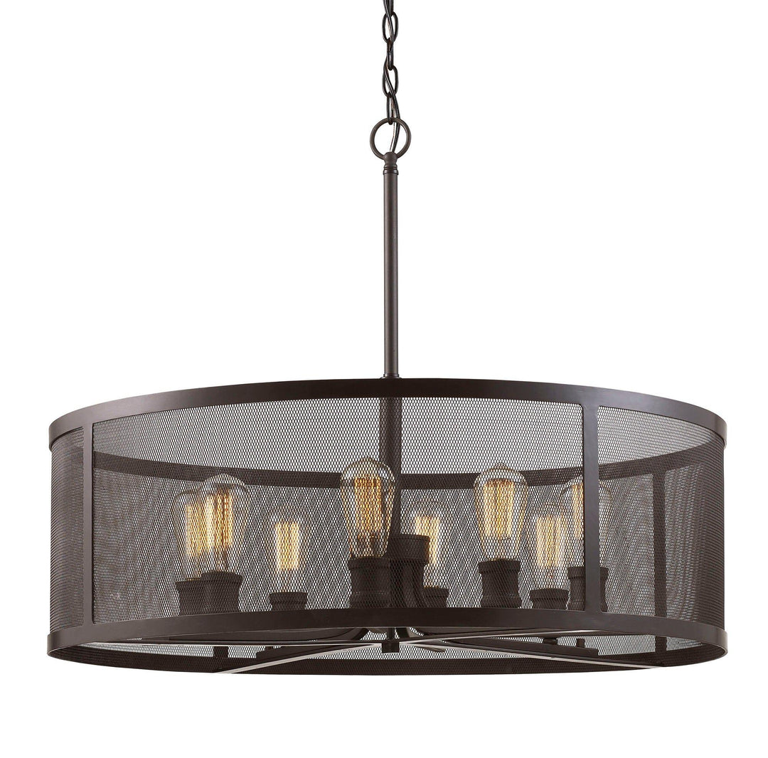 Drum mesh shade pendant chandelier with exposed Edison bulbs for modern kitchen or dining lighting
