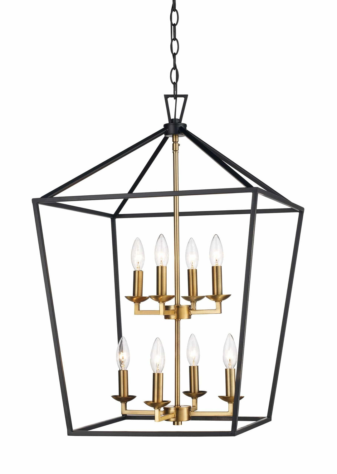 Eight-light bird cage chandelier with black frame and antique gold candle arms for dining room lighting