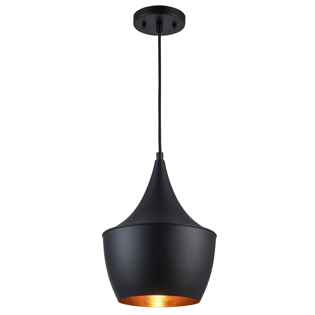 Pendant light with black metal shade and gold inner lining for modern kitchen or dining room lighting