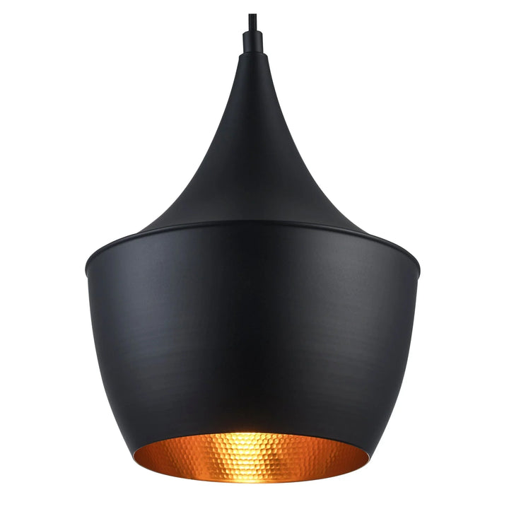 Black metal pendant light with brushed nickel accent and textured gold interior for modern kitchen or dining lighting
