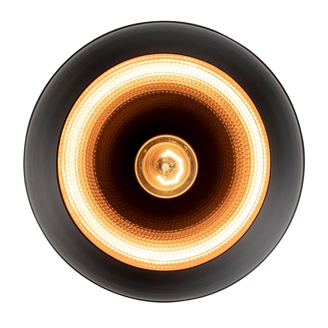 Black metal pendant light with brushed nickel trim for modern dining or kitchen illumination