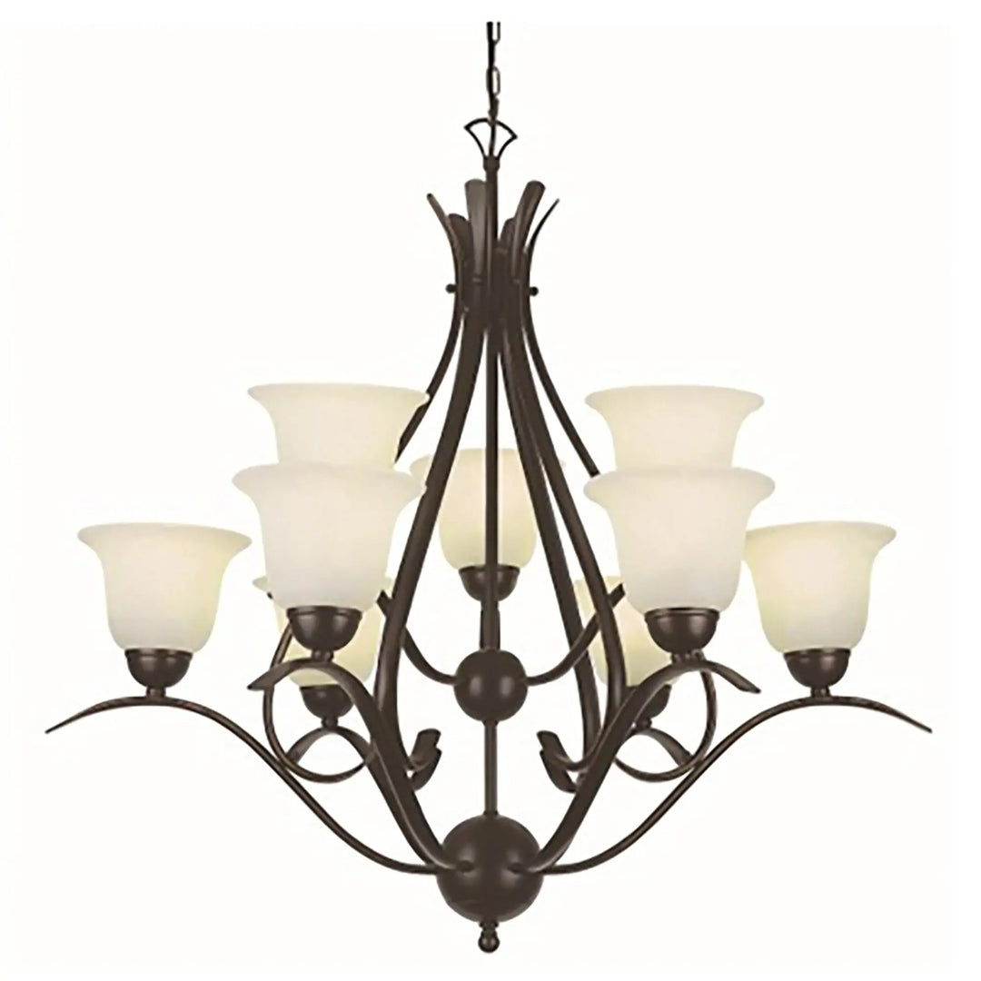 9-light two-tier chandelier with frosted glass shades and oil bronze finish for dining room lighting