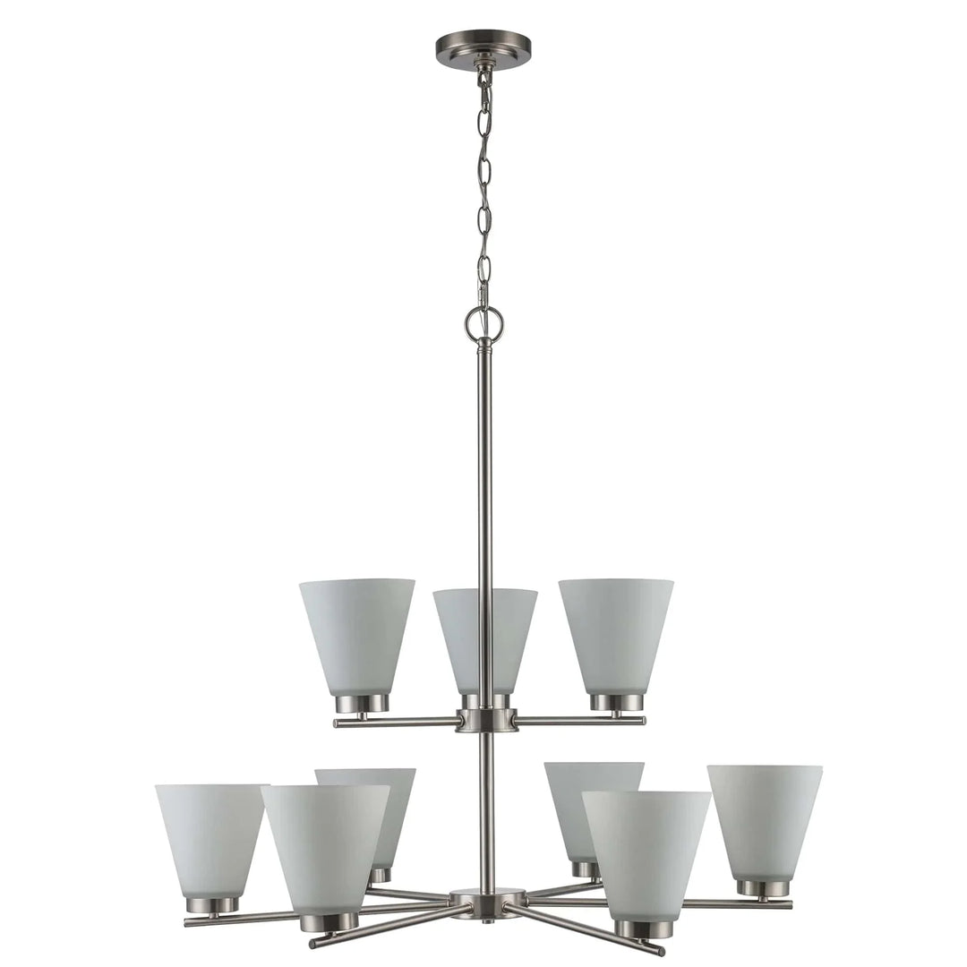 Two tier chandelier with brushed nickel finish and frosted glass shades for dining room lighting