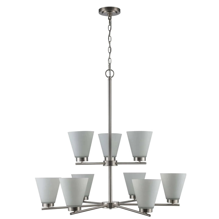Two tier chandelier with brushed nickel finish and frosted glass shades for dining room lighting