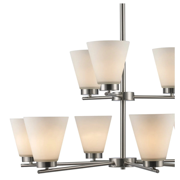 Two-tier brushed nickel chandelier with nine frosted glass shades for modern dining room lighting