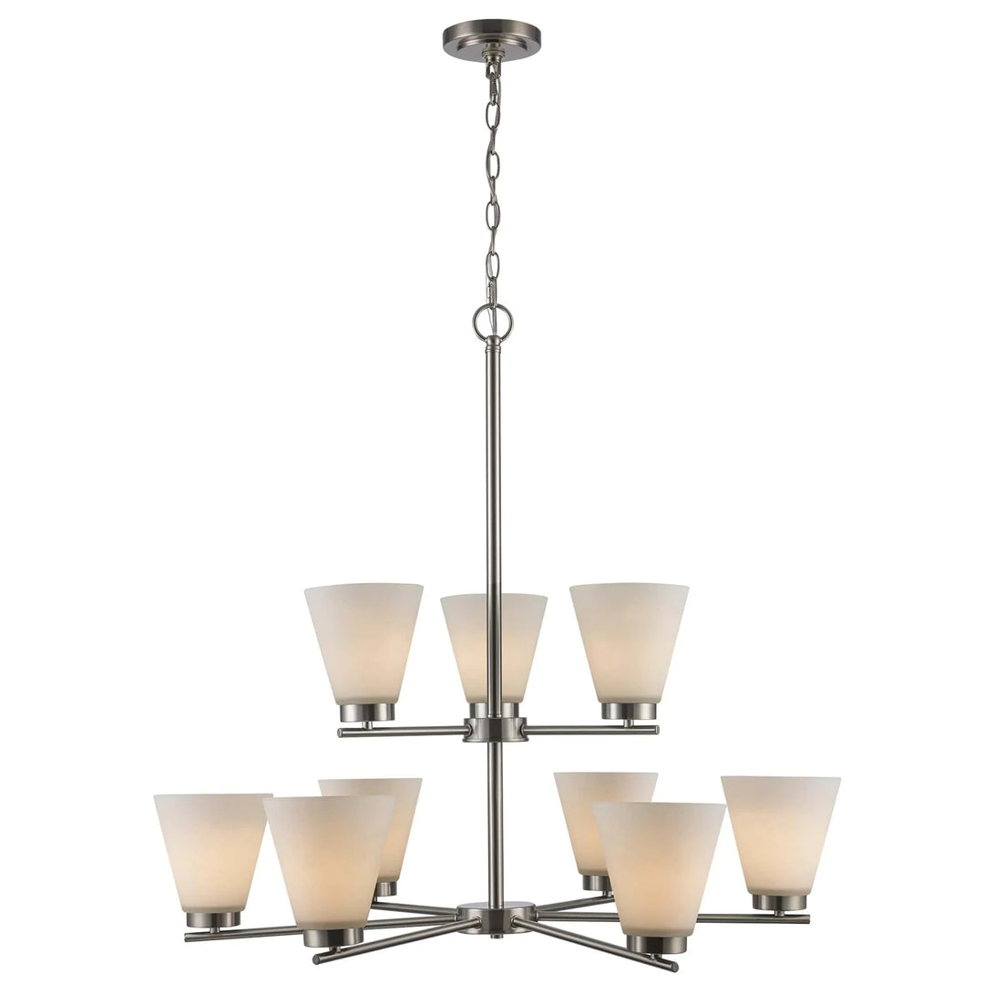 Two-tier brushed nickel chandelier with nine frosted glass shades for modern dining room lighting