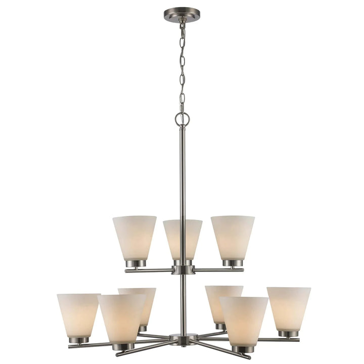 Two-tier brushed nickel chandelier with nine frosted glass shades for modern dining room lighting