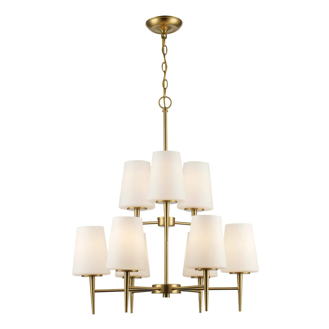 Gold two-tier chandelier with white glass shades for modern dining room or living room lighting