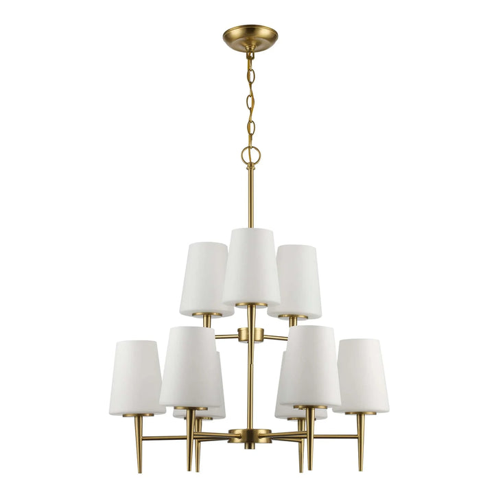 Chandelier with two tiers and nine white linen shades in antique gold finish for dining room lighting