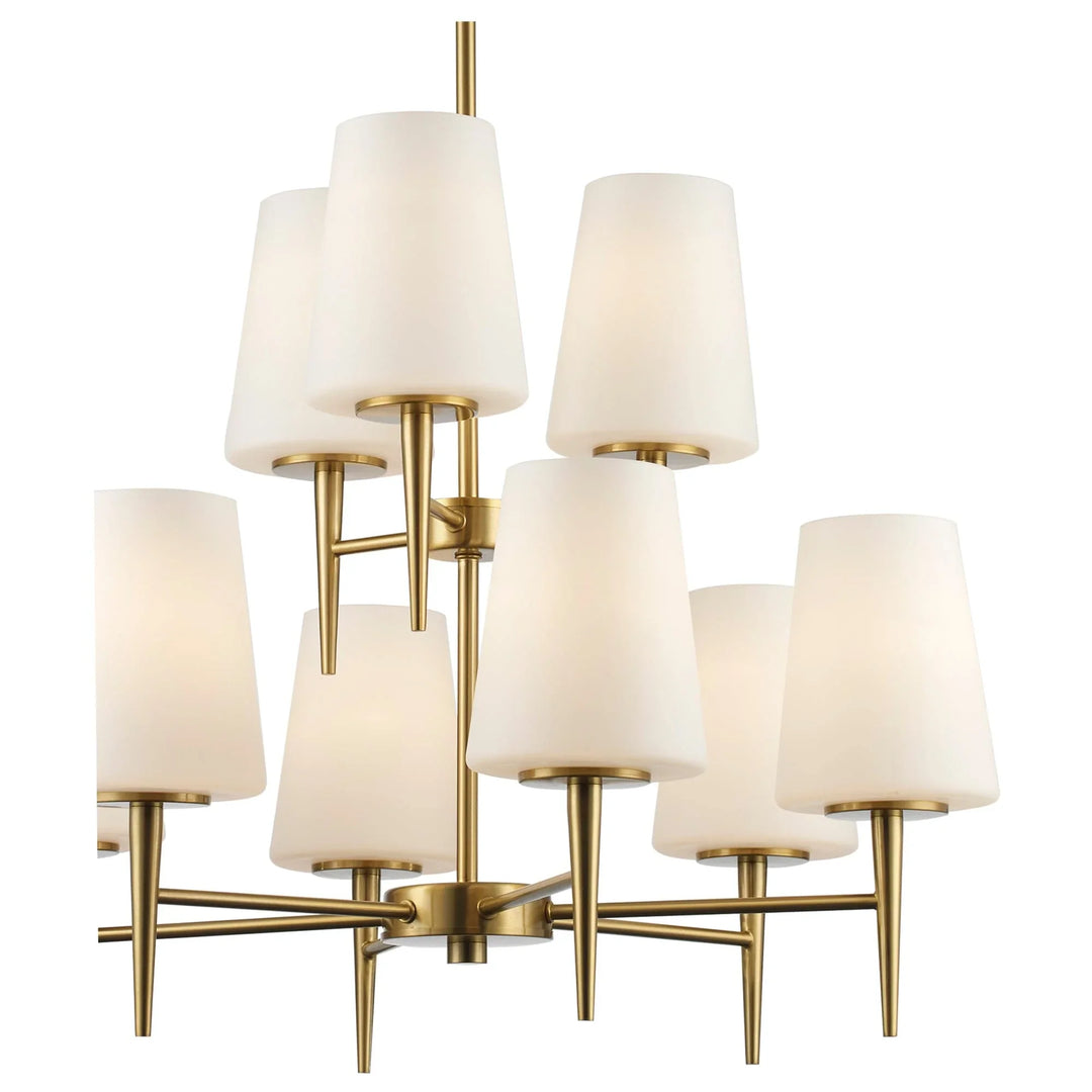 Two tier gold chandelier with frosted glass shades for modern dining or living room lighting