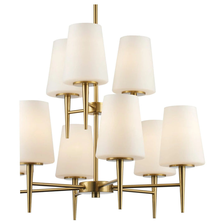 Two tier gold chandelier with frosted glass shades for modern dining or living room lighting