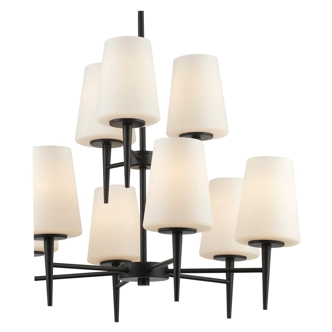 Two-tier black chandelier with nine tapered frosted glass shades for modern dining or living room lighting