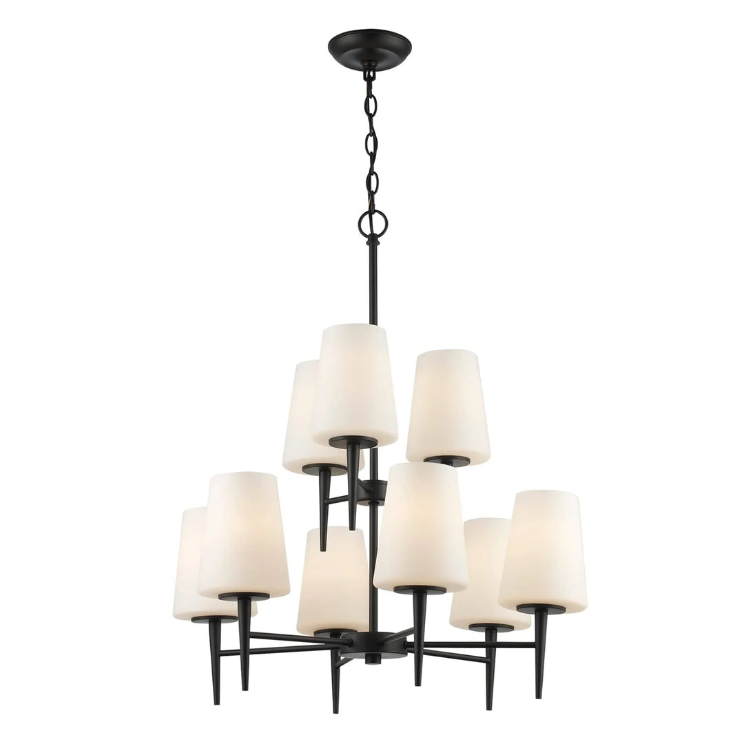 Two tier black chandelier with nine frosted glass shades for modern living room lighting