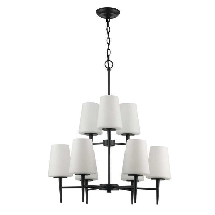 Two-tier black chandelier with nine tapered white shades for modern living room or dining area lighting