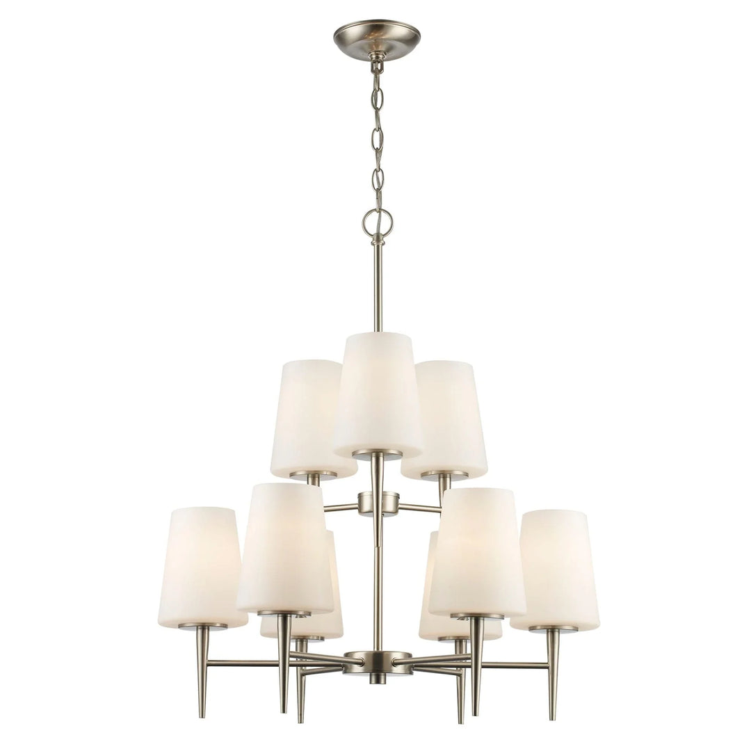Two-tier brushed nickel chandelier with nine tapered white glass shades for modern dining room lighting