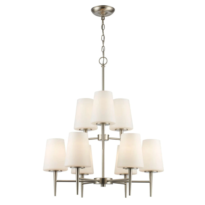 Two-tier brushed nickel chandelier with nine tapered white glass shades for modern dining room lighting