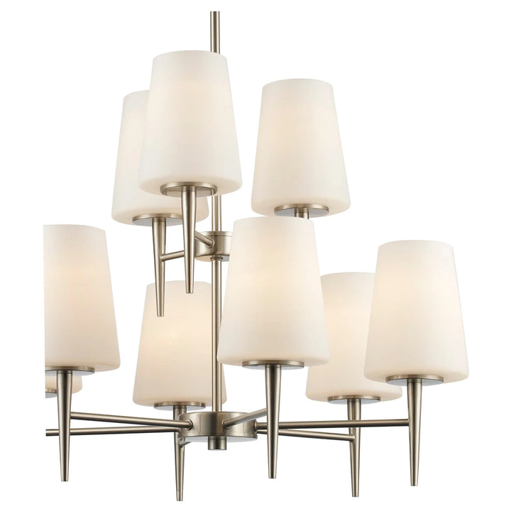 Modern brushed nickel chandelier with nine white frosted glass shades for dining room lighting