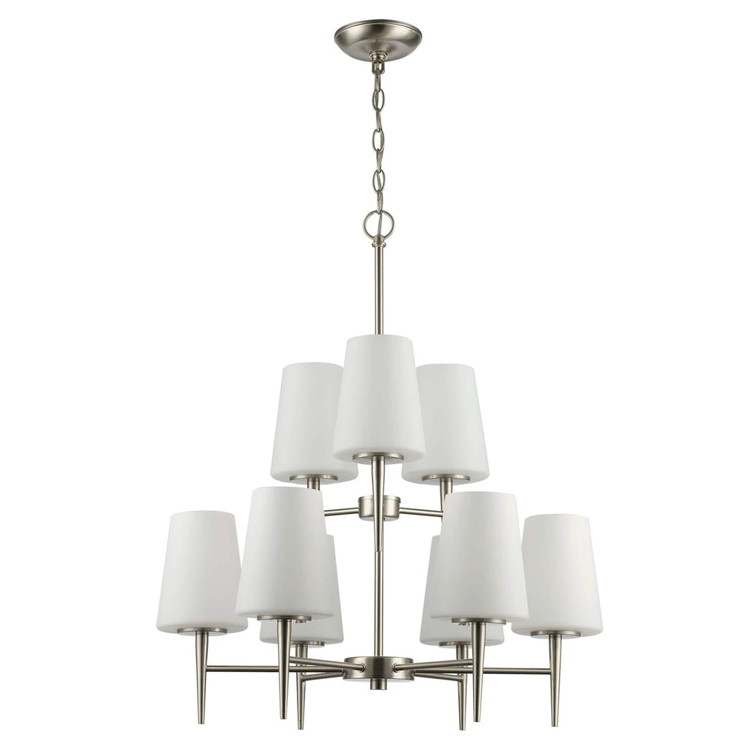 9 light two-tier brushed nickel chandelier with white tapered shades for modern dining room lighting