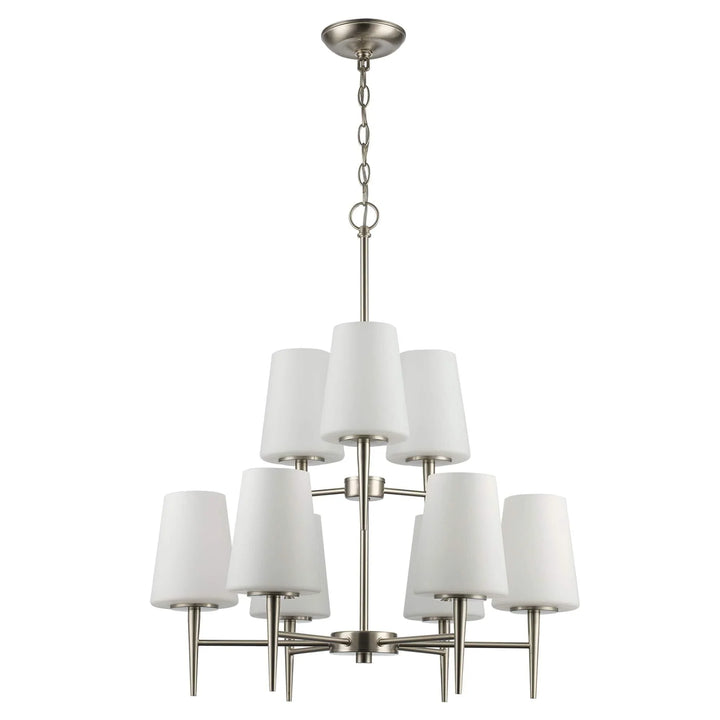 9 light two-tier brushed nickel chandelier with white tapered shades for modern dining room lighting