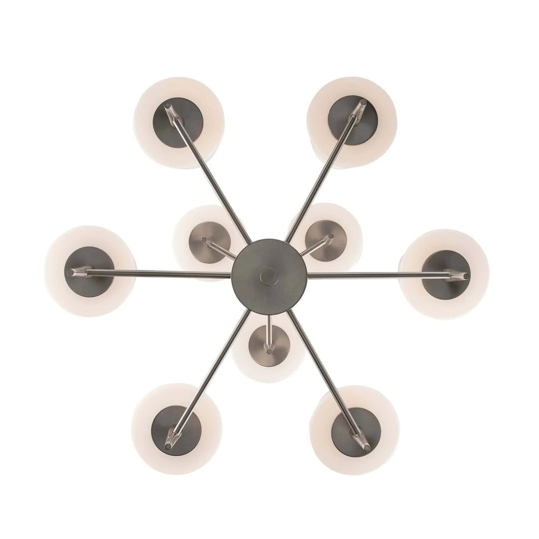 Modern 9-light brushed nickel chandelier with two-tier tapered stems for living room lighting