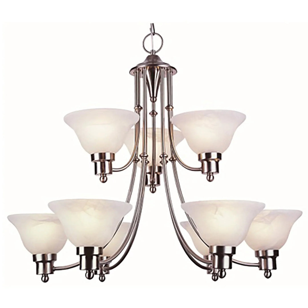 Two-tier chandelier with nine frosted glass bell shades and brushed nickel finish for dining room lighting